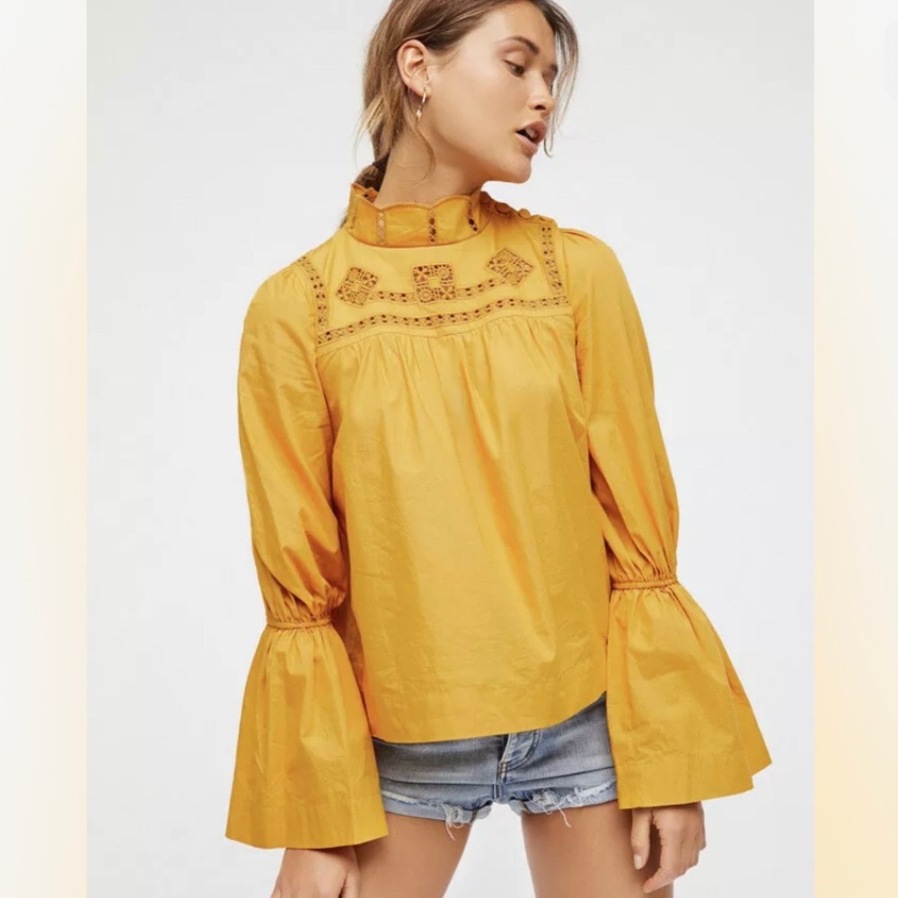 Free People Mustard Yellow Lace-Trim Bell Sleeve Blouse